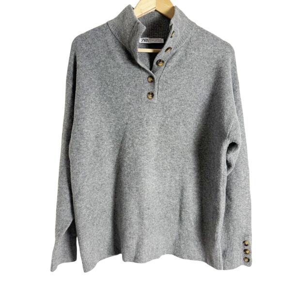 Zara Gray Wool Knit Mock Neck Henley Button Long Sleeve Sweater Size Small - Picture 2 of 8